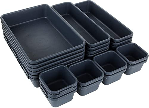 GOYADA Schubladen Ordnungssystem Büro, 3 Größen, Dunkelgrau, 24 Stück | Plastik Schubladen Organizer, Schubladen Organizer Büro, Aufbewahrungsbehälter Schublade für Make-up, Küche, Badezimmer