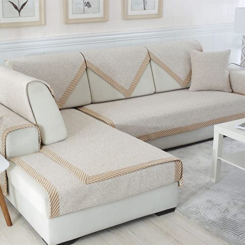 Sofabezug aus Baumwolle und Leinen, rutschfest L Form Couch überzug Sofaüberwurf für 1, 2, 3, 4 Kissen, Sofa und Haustier Stuhlbezug-Beige 90x90cm/35x35inch