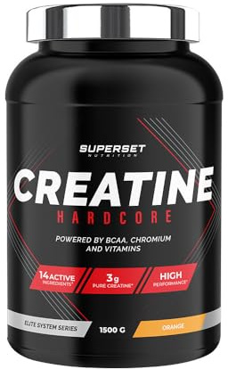 Superset Nutrition - Creatine Hardcore (1,5kg) - Poudre soluble - 3g de créatine monohydrate par dose, BCAA, Glucides - Récupération optimale et puissance - Adaptée aux sports intenses - Orange