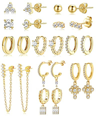 Morfetto Ohrringe Sets für mehrere Piercings 14K vergoldete Huggies Reifen Ohrstecker Ohrringe für Frauen Mädchen Kleine hypoallergene minimalistische Kettenreife CZ Ball Golden Ohrringe Sets