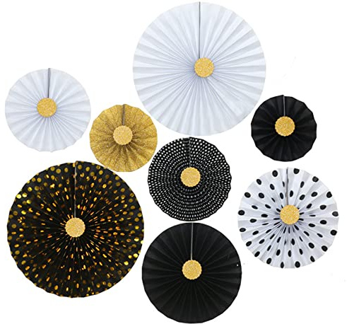 8 Stück Party Dekoration Papier Fächer,Dekorpapier Aufhängen Fächer Hängende Deko Papier Fans Fächer für Party Hochzeit Feier Baby Shower Geburtstag Festival Weihnachten Karneval,Gold Schwarz Weiß