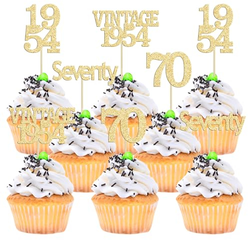 Gyufise 24Pcs 70th Birthday Cupcake Toppers Glitter Cheers to 70 Fabulous Seventy Vintage 1955 Cupcake Picks 70th Birthday Wedding Anniversary Party Cake Decorations Supplies Gold