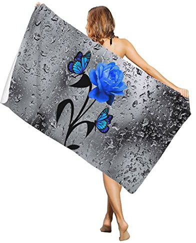 Badetuch 80x130cm, Blaue Rosen Und Schmetterlinge Auf Glas, Bedeckt Mit Wassertropfen Pool Badetuch Tragbares Duschtücher Erwachsene Mikrofaser Handtücher, Für Strand, Wandern