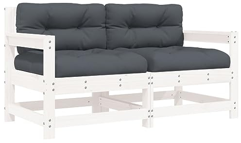 vidaXL Gartenstühle 2 STK., Gartenstuhl Gartensessel mit Kissen, Terrassenstuhl mit Armlehnen, Modular Stuhl Holzstuhl Gartenmöbel, Weiß Massivholz Kiefer