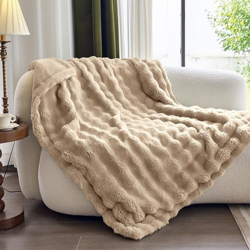 Moenchy Faux Fur Light Camel Throw Blacket for Couch - Super Soft Heavy Flufyy Thick Bubble Throw Blankets for Bed Bedroom Living Room Farmhouse Sofa Chair Fall Winter Warm, 90x108 Inch