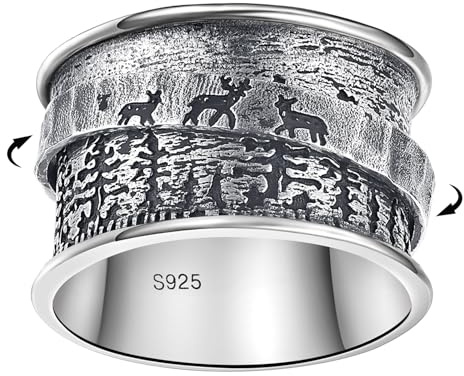 BONLAVIE Spinner Ring Damen, Lebensbaum/Drei Bären und Kiefern/Drei Hirsch und Kiefern Ring Silber 925, Breiter Band Ring, Anxiety Ring, Silberring 925 Damen, Vintage Ring Damen, Ringe Frauen