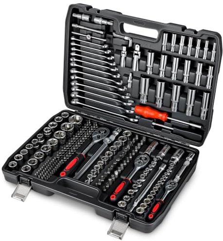 Youyijia 215 Pcs Mechanic Tool Set, Professional Socket Set with 1/4, 3/8,1/2 Drive Ratchets, Wrenches, Spanners Bits, Chrome Vanadium Steel Auto Repair Tool Kit with Storage Case for Car