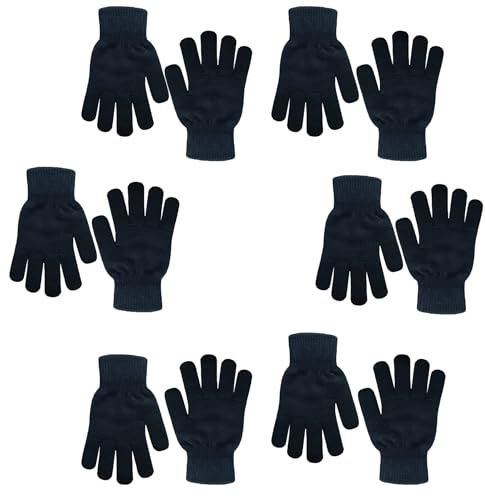 Winter Magic Knit Gloves - 6 Pairs, Stretchy Full Fingers, Suitable for Kids, Teens & Women - All Black Series, One Size Fits All