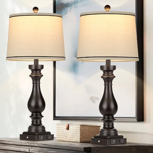 Cinkeda 29 Tall Table Lamp for Living Room Set of 2,Farmhouse Vintage Bedside Nightstand Lamps with USB C+A Ports & AC Outlet,3-Way Dimmable Touch Control Retro Black Lamp for Bedroom,Color 5