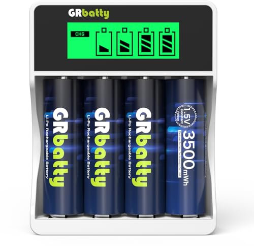 GRbatty Pile Ricaricabili AA 1,5V Litio 3500mWh Ad Alta Capacità,Batterie Ricaricabili AA con LCD Caricatore 1500 Cicli Confezione da 4
