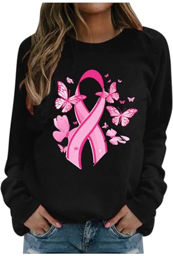 2024 Cancer du Sein Octobre Rose T-Shirt Ruban Rose de Sensibilisation au Cancer du Sein d'Octobre T-Shirt Sweatshirt Grande Taille T-Shirts à Manches Longues Femme Mode Pas Cher Col Rond Sweat Pull