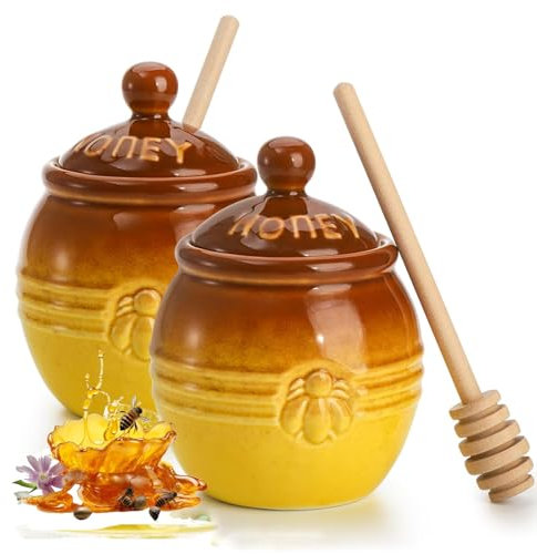 12oz Keramik Honigglas mit hölzernen Dipper Stick, 2 Pack gelbe Honigglas Biene geprägten Honig Speicherbehälter für Küche, Dekoration, Kaffee/Tee Bar, Porzellan Honigglas für Muttertag Frau Geschen