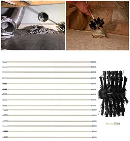 SIYAN Flexible Duct Vent Cleaning Set, Nylon Chimney Sweeping Brush Kit Include 12 Rods & 1 Brush Head For Drill Fireplace Sewage Pipe Wood Burner Stove(15 Rods,610mm)