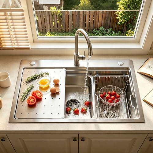 Fregadero Multifunción De Acero Inoxidable 304 Hecho A Mano, Fregadero De Cocina Grande De Un Solo Tazón, Instalación Empotrada O Sobre Encimera Con Lavabo Extraíble(70x50x21.5cm)