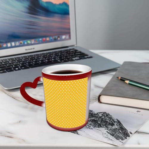 AELKSP Kaffeetassen – Farbwechseltasse, Magic Mug,Thermobeschichtung, 335ml, Keramik - Geschenkidee Männer, Frauen,Gelber Hintergrund mit vielen weißen Tupfen gefüllt