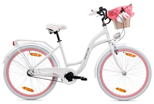 Goetze Style 26 Zoll Jugend Citybike, 17 Zoll Tiefeinsteiger Aluminiumrahmen, 3-Gang Nabenschaltung, Rücktrittbremse, V-Bremse vorne, LED-Beleuchtung, Rattankorb, Komfortsattel, mit Ständer & Klingel