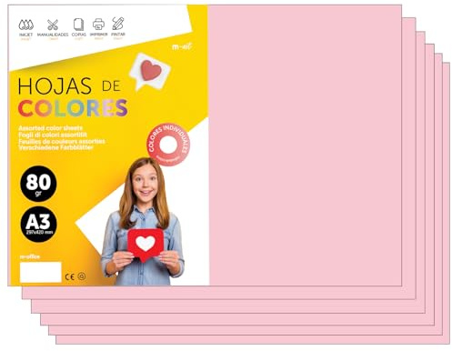 Buntes Papier A3 80g für Drucker & Basteln, Farbige Blätter für Kinder, Kreativprojekte, Karten & Schule M-office (50 Blatt, Hellrosa)