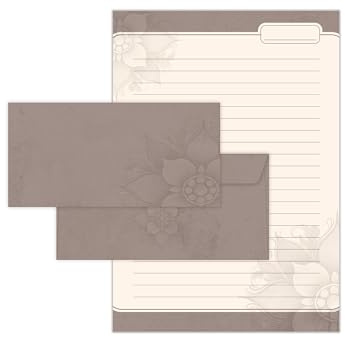 Briefpapier-Set Briefblock mit Umschlag für Kinder Erwachsene Geschenk Blume Vintage Elegant Naturfarben (Block A4 mit 25 Blätter + 15 Umschläge DIN Lang)