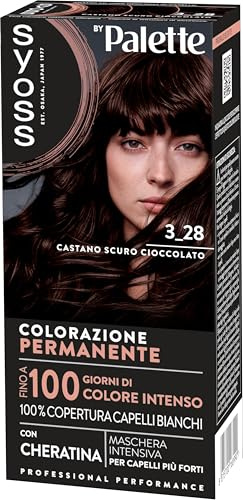 Syoss by Palette Colorazione Permanente 3-28 Castano Scuro Cioccolato, Colorazione per capelli permanente con Cheratina, per 100% copertura dei capelli bianchi e fino a 100 giorni di colore intenso