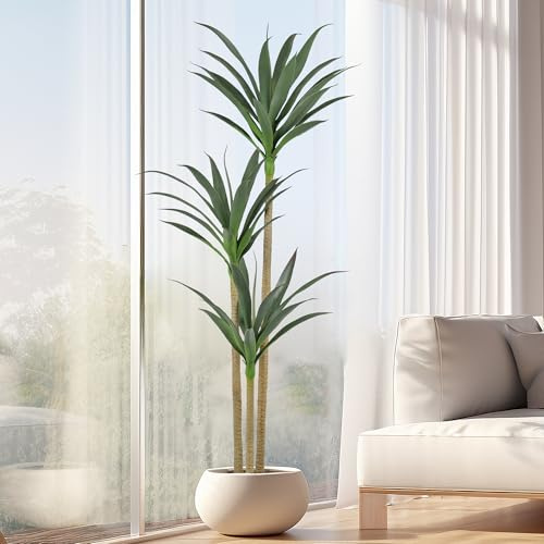Artificial Agave Trees 5ft Tall Faux Plant with Lifelike 3 Trunks and 45 Leaves in Plastic Pot for Housewarming Gifts Home Decor