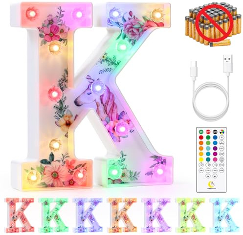 mooncow Rechargeable Unicorn Light Up Letters，Durable Marquee Letters,Colorful Initial Night Light with Remote,Wall Decor,Bedroom Decor,Party Decoration,Gift Wrap Gifts (K)
