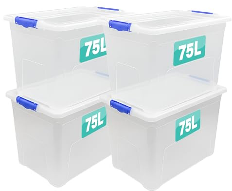 4 x Storage Boxes With Clip Lock Lids Sturdy Litre Heavy Duty Clear Stackable Lockable Multipurpose Plastic Storage Box Indoor Outdoor Containers Home,Office,Kitchen,Garage (4 x 75 Litre)