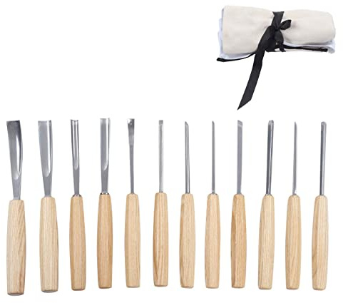 Set di scalpelli per intaglio del legno premium da 12 pezzi Strumenti per la lavorazione del legno di livello professionale con manici ergonomici in legno per progetti fai da te e