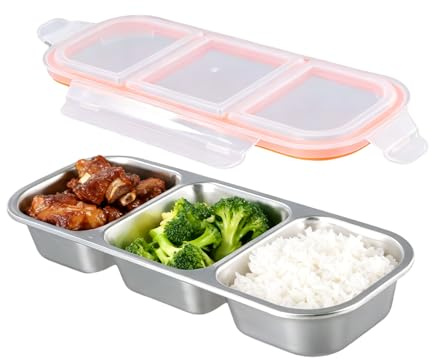 Samlonge Contenitore per Snack con 3 Scomparti, 600ml Bento Box in Acciaio Inox con Coperchio, Riutilizzabile e a Prova di Perdite, Scatola per Alimenti Portatile per Scuola, Ufficio, Casa e Viaggi