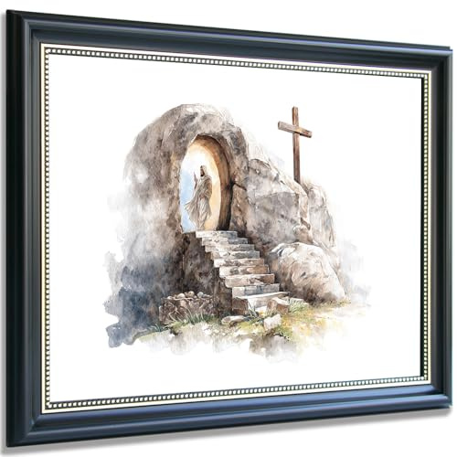 Jesus Resurrection Wall Art He Is Risen Empty Tomb Watercolor Christian Decor, Easter Religious Poster for Living Room or Church 12x16in Black Frame