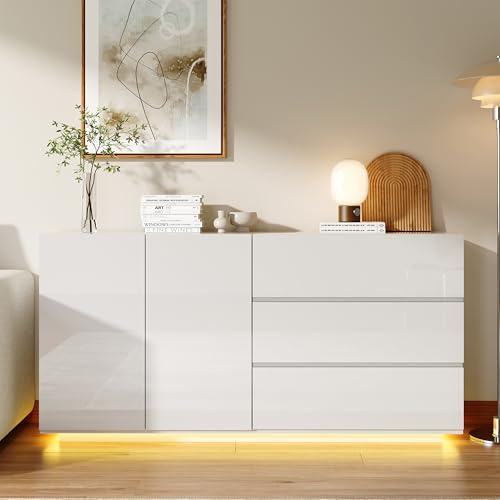 HFASD Buffet Blanc Brillant avec Éclairage LED, Sideboard Buffet avec 2 Portes et 3 Tiroirs, Commode Chambre Brillante, Meuble de Rangement pour Cuisine, Salon, Salle à Manger, 160x35x76 cm (Blanc)