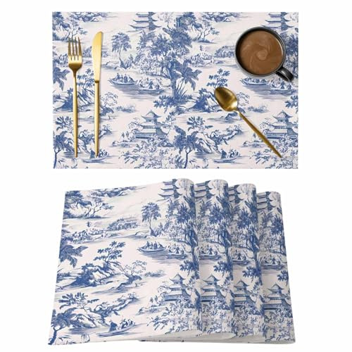 Table Placemats Set of 6 Blue Chinoiserie Garden Pavilion Washable Place Mats Asian Scenic Hill Boat Plant Non-Slip Insulation Table Mats for Kitchen Dining Party Decoration,13x19 Inch