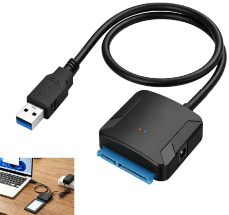 Adaptador Sata a USB 3.0, cable Sata USB 3.0 2.5 3.5 Pulgadas, 3.0 a HDD SSD hasta 18TB, convertidor de disco duro externo soporte UASP TRIM SMART, transferencia de 5 Gbps con alimentación de 12 V