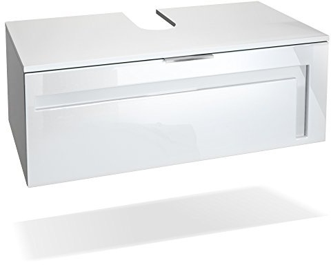 Vladon Waschtisch Waschbecken Unterschrank Aloha V2, Made in Germany, Korpus in Weiß matt/Fronten in Weiß Hochglanz mit Absetzungen in Weiß Hochglanz