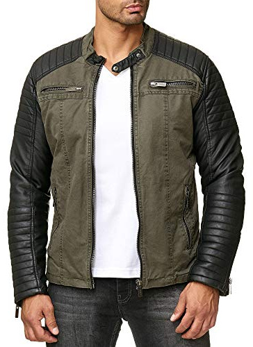 Redbridge Bikerjacke im Materialmix Baumwolle und Kunstleder – mit Stehkragen, Reißverschlüssen & gesteppter Optik Khaki XL