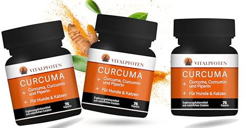 Vitalpfoten Kurkuma 3x75 Kapseln Hunde & Katzen + Curcumin + Piperin | Curcuma Kapseln - höchste Reinheit + Qualität - für Gelenke, gegen Entzündungen + Arthrose - Qualitätsprodukt ohne Zusätze