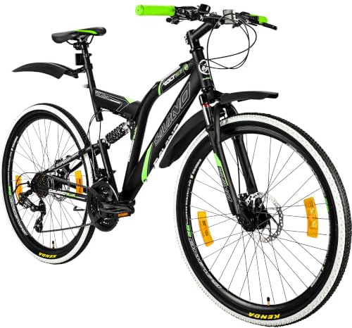 Galano Volt DS Mountainbike für Mädchen und Jungen ab 160 cm, Jugendfahrrad Unisex mit 21 Gangschaltung und Scheibenbremsen, Fahrrad MTB Fully Schutzblech (schwarz/grün)