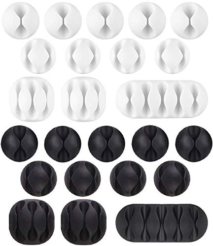 24-pack svartvita hållbara kabelklämmor, U-horizon sladdförvaring och buntband, organisatör och skrivbordshantering för TV PC laptop hem etc