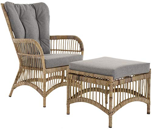 Korb-Outlet Ohrensessel/Hochlehnsessel Retro mit Hocker/Wohnzimmer- Rattan-Sessel mit hoher Rückenlehne/Hoher Korbsessel mit Eisengestell (Grau Natur)