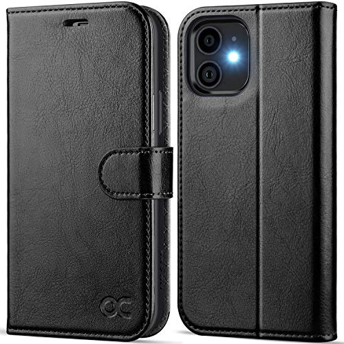 OCASE Handyhülle für iPhone 12 Mini Hülle Schwarz | Premium PU Leder Standfunktion Kartenfach Magnetverschluss Lederhülle Klapphülle Etui RFID Schutzhülle Case