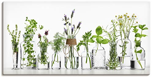 ARTLAND Wanddeko Leinwand Bilder Wandbild 60x30 cm Querformat Modern Küchenbilder Pflanzen Kräuter Blumen Gewürze Grün H9KE