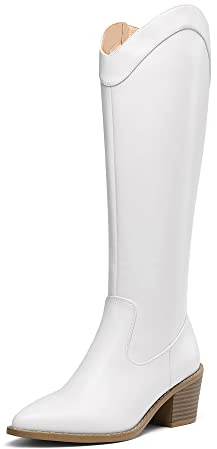 DREAM PAIRS Women's Riding Cowboy Boots and Cowgirl Western Fashion Ladies' Fall Pointed Toe Knee High Boots,Size 6,White/Pu,DKB212