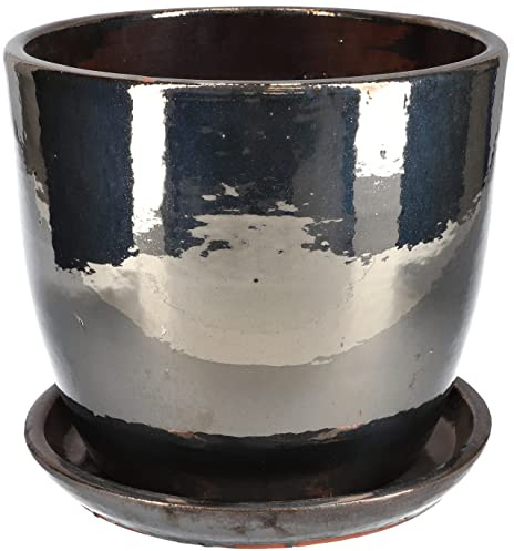 KOTARBAU® - Pot de jardin pour fleurs, diamètre 31 cm, en céramique émaillée, couleur graphite, avec bac anti-goutte