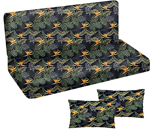 Auflage für Hollywoodschaukel 150x50x50 Gartenbankauflage und 2 Kissen Palettenauflage Bankauflage Sitzkissen und Rückenkissen Polsterauflage Matratze Gartenpolster Glatt Palm Orange Blumen [133]