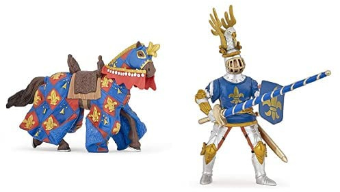 Papo-Lot de 2 Figurines - Collection Médieval - Fantastique - Cheval Bleu Fleur de lys + Chevalier Bleu Fleur de lys