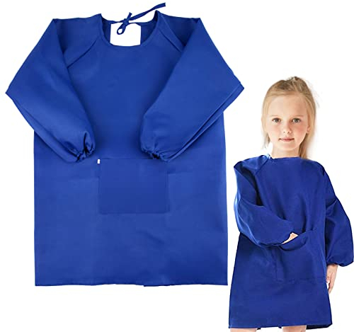 BETESSIN Malkittel Kinder Blau - Malschürze für Kinder 7~11 Jahre - Größe L (für Körpergröße 120~140cm) - Ideal für Schule, Haushalt und als Geschenkidee zum Schulanfang - Aus waschbarem Polyester