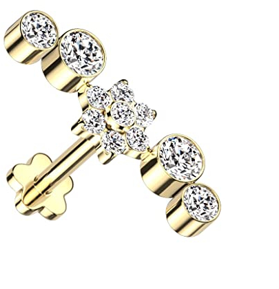 Paula & Fritz® Push-In Labret Piercing Blume Gold Zirkonia Klar Titan-IUM Grade 23 Kugel Set 1,2-mm Stab-Dicke Blüten-Sockel Madonna Medusa Monroe