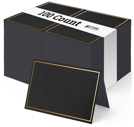 Better Office Products 100 Pack Gold Metallic Border Place Cards, 2 x 3.5 in, Folded Table Tent Cards for Weddings, Dinner Parties, Buffet Banquets,(Black)