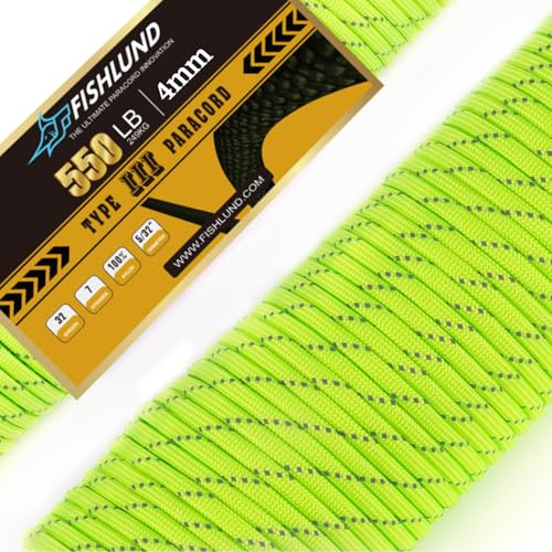FISHLUND 4 mm Paracord 550 Nylon 7 Stränge Fallschirmschnur Typ III für Camping, Outdoor - Reflektierende Grün - 15m