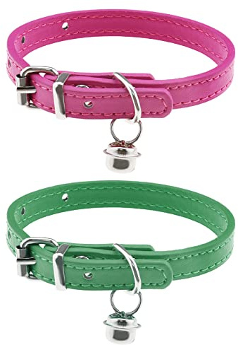 ECSiNG 2 Stück Katzenhalsband mit entfernbarer Glocke PU-Leder Katzenhalsbänder für 15-23cm Halsumfang Verstellbare Länge, 1cm Breite, Rosenrot & Grün