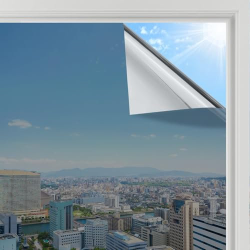 rabbitgoo Heat Reflective Window Film Privacy Film for Glass Windows, One Way Mirror Tint Sticker Sun Blocker, UV Glass Sticker Mirror Heat Reflector Thermal Solar Vinyl Silver 60x300cm